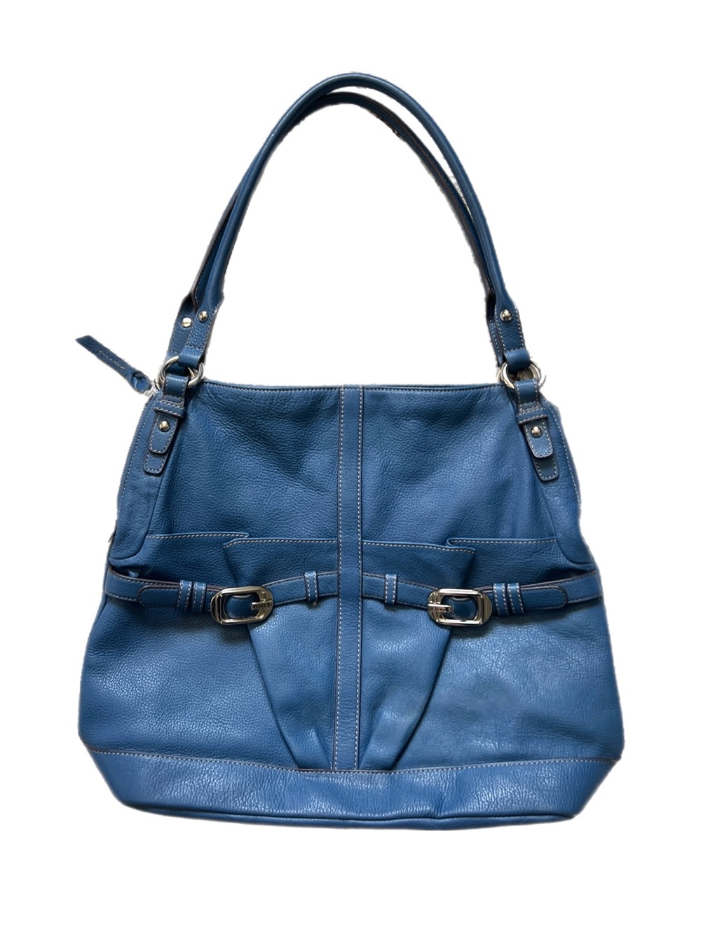 Tignanello Blue Pebbled Leather Oversized Hobo Shoulder Bag Silver Buckles Tote